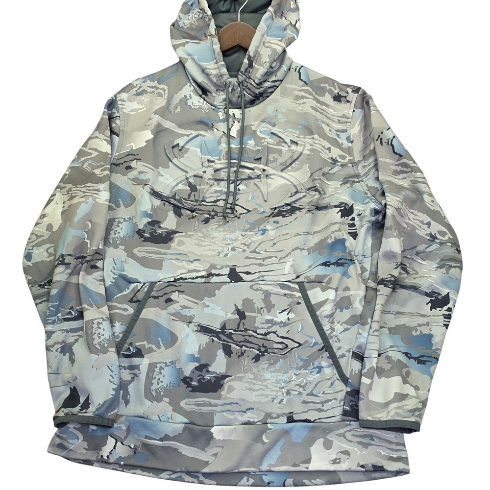Under Armour Mens Rival Fleece Hoodie Camo Blue Grey Embossed Logo 1364945 Large